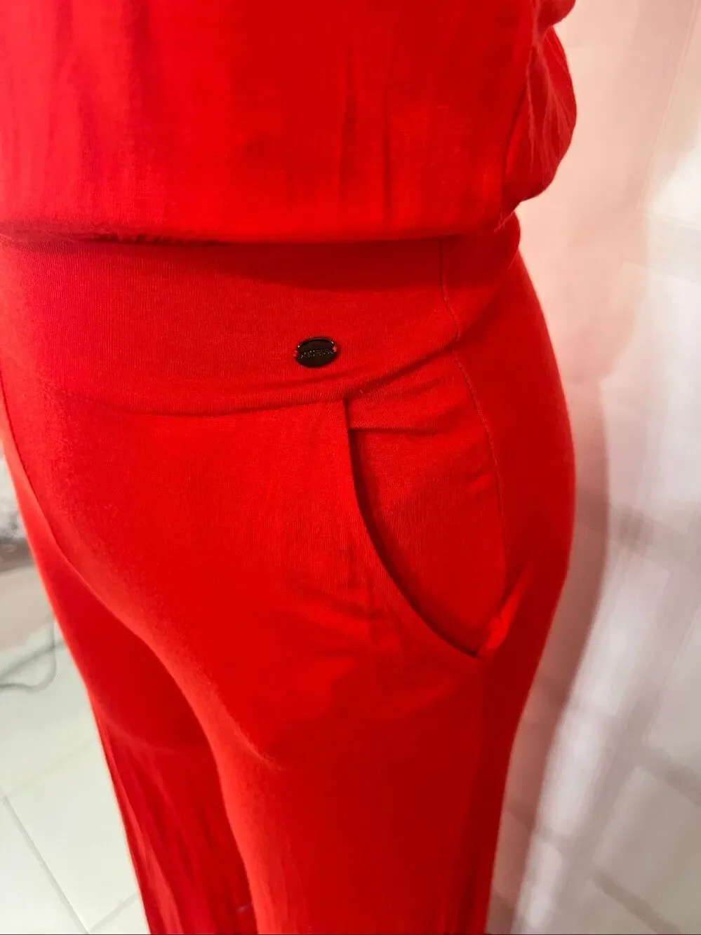 Guess NWT Coral Red Wide Leg Cutout Back Strapless Jersey Jumpsuit Size XS